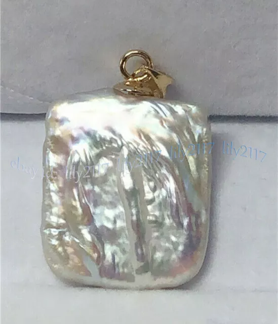 AAA 15-20mm Square Natural South Sea Baroque White Pearl Pendant 14K Yellow Gold