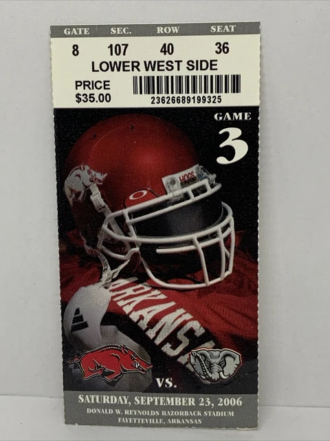 Arkansas Razorbacks Vs Alabama Crimson Tide Football Ticket Stub Sep 23 2006