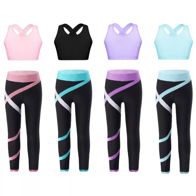 Kids Girls Crop Tops with Pants Workout 2pcs Dance Sports Outfit Tracksuit Set