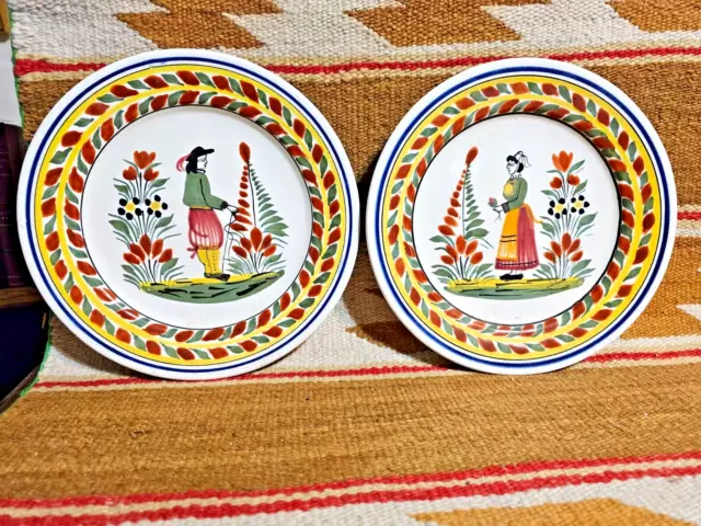 2 MATCHING OLD 8.5" PLATES HENROIT QUIMPER POTTERY BRETON MAN & WOMAN FRENCH NMt