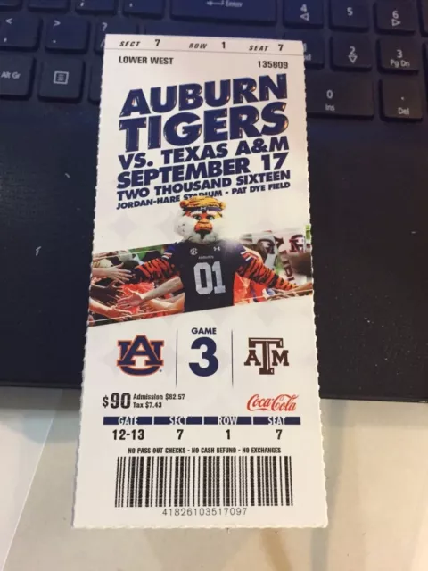 2016 Auburn Tigers Vs Texas A&M Aggies College Football Ticket Stub 9/17 Ncaa