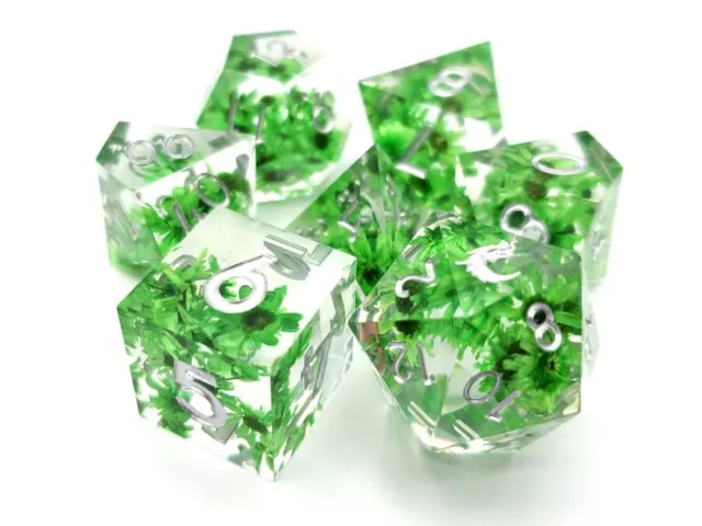Old School 7 Piece DnD RPG Dice Set: Sharp Edged - Green Flower