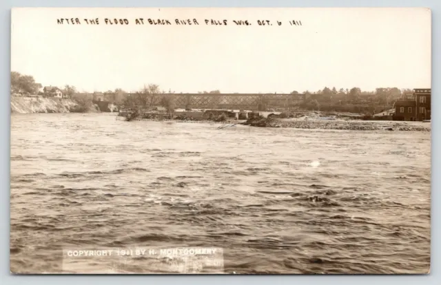 Black River Falls Wisconsin~Railroad Bridge~Houses~After Flood~Oct 6 1911 RPPC