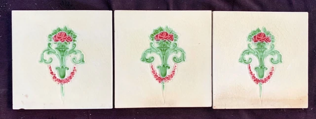 5 antique English Art Nouveau tiles 2 T & R Boote, 3 unknown mfg, all tubelined 12