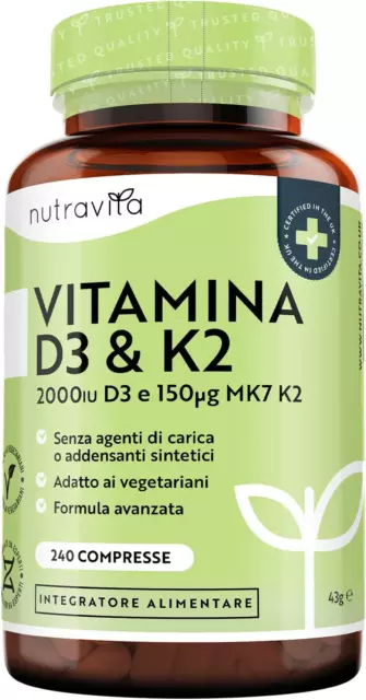 Vitamina D3 2000 UI E Vitamina K2 MK7 (150Μg) - 240 Compresse Vegetariane Di Vit