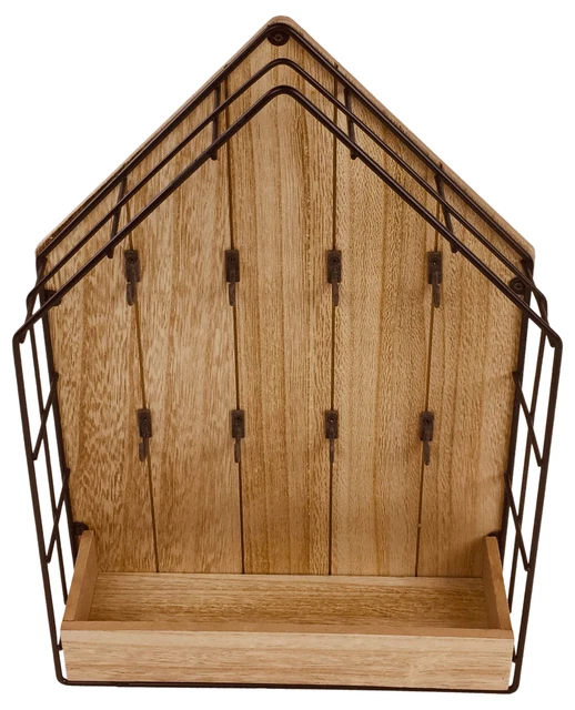Wood & Wire House Key Storage with Shelf Wall 8 Hooks Key Rack Cabinet Box Unit