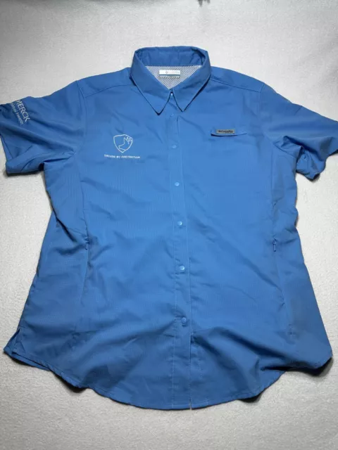 Columbia PFG Womens Size Large Blue Short Sleeve Vented Snap Shirt FL7277 Logos