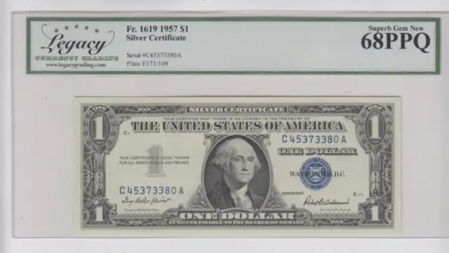 Silver Certificate $1 1957 Legacy graded Superb Gem new 68PPQ