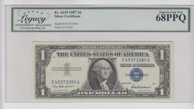 Silver Certificate $1 1957 Legacy graded Superb Gem new 68PPQ