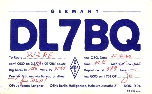 Ak QSL Karte, Funkerkarte, DL7BQ, Johannes Langner, Berlin - 3009680