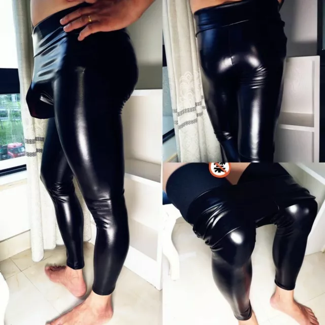 Mens Faux Leather Pants Black Pu Leggings Stretch Wet Look Trousers Slim Fit