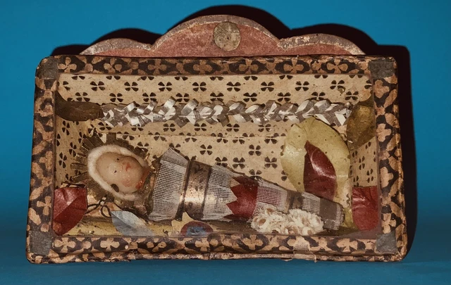 SELTEN altes schönes aufwendiges Kastenbild mit Jesukind. Mundgebl. Scheibe