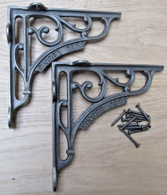 7" PAIR OF SINGER CORP cast iron ornate shelf support wall brackets