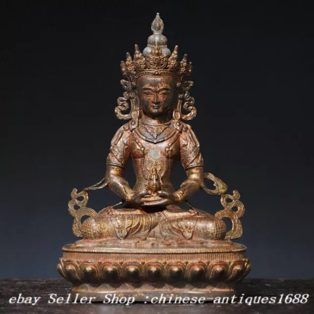 7.8'' Old Tibet Buddhism Bronze Amitayus longevity God Goddess Buddha Statue