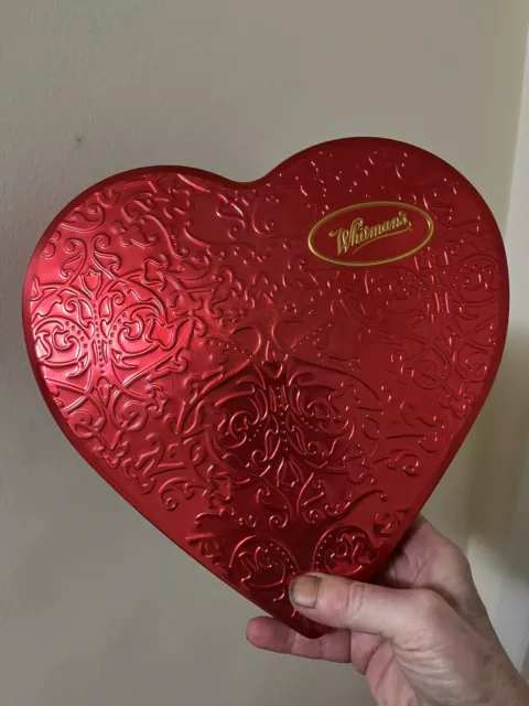 Whitman's Valentine Candy Box Red Scrolls Metal Embossed Tin Heart Shaped Empty