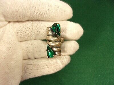 Very Unusual Old Vtg Antique Ladies Silverplated Ring, Emerald Green Rhinestones