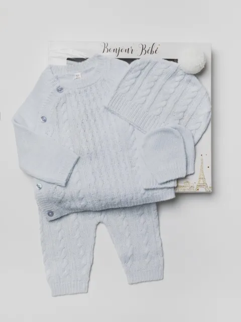 Baby Boy Spanish Knitted Outfit Blue Pom Pom Pram Gift Boxed Boys Newborn - 6M
