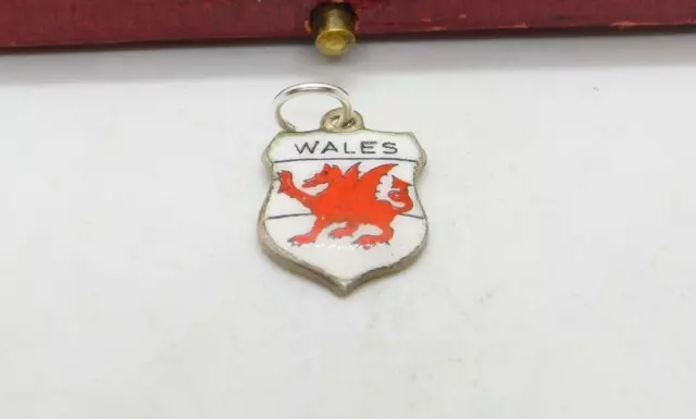 Sterling Silver & Enamel Wales Travel Shield Charm Pendant Vintage c1970