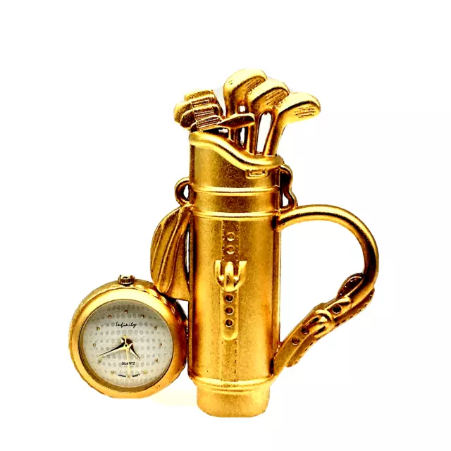 Miniature Desk Clock Attached to Golf bag with Clubs Gold Tone NEW