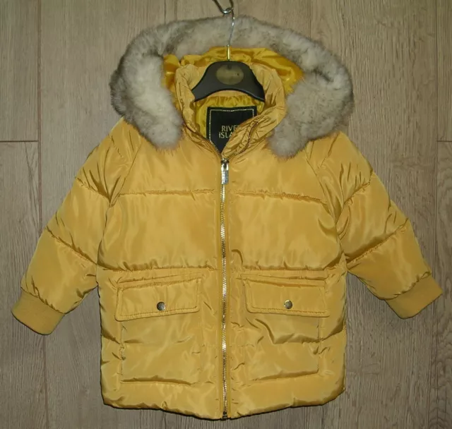 RIVER ISLAND Girls Mustard Yellow Hooded Coat Jacket Faux Fur Trim Age 2-3 98cm