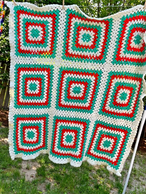 Vintage Handmade Crochet Afghan Blanket Throw Holiday Christmas 60 x  60
