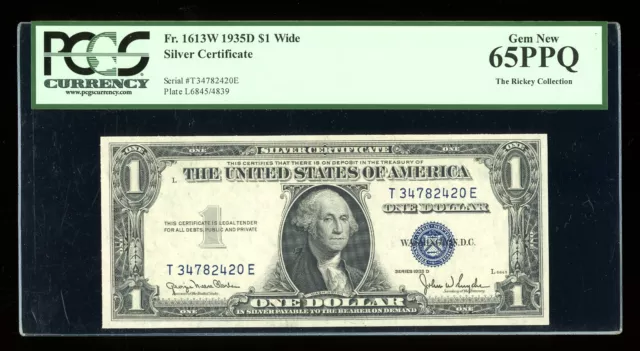 DBR 1935-D $1 Silver Fr. 1613W Wide Gem TE Block PCGS 65 PPQ Serial T34782420E
