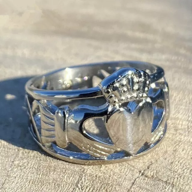 Stainless Steel Mens Celtic Irish Claddagh Wedding Band Ring Size 6-15