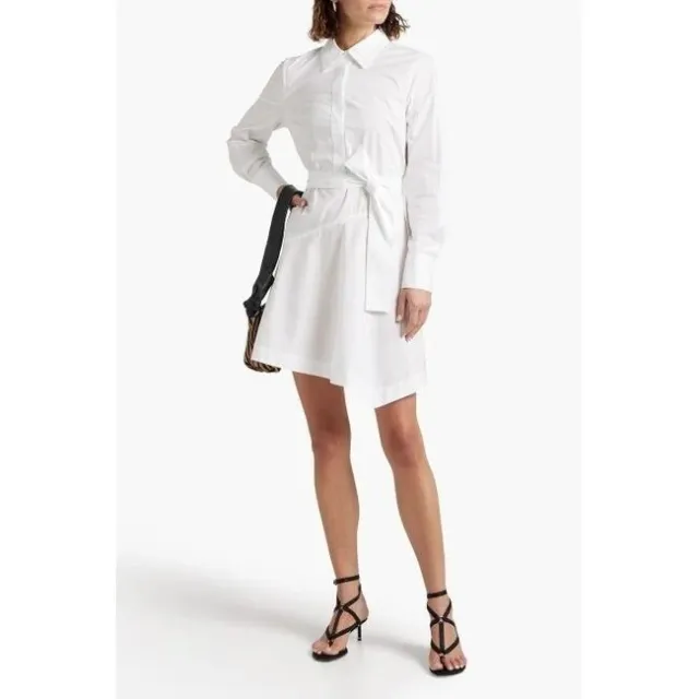 Derek Lam 10 Crosby Sz. 8 White Asymmetric Belted Cotton Poplin Shirt Dress NWT