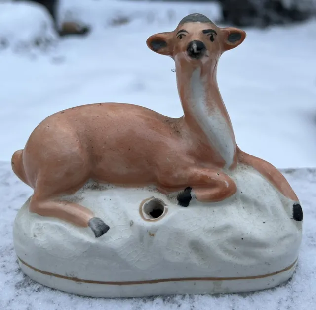 Antique 19th Century Staffordshire Pearlware Deer On Rock Plinth Inkwell