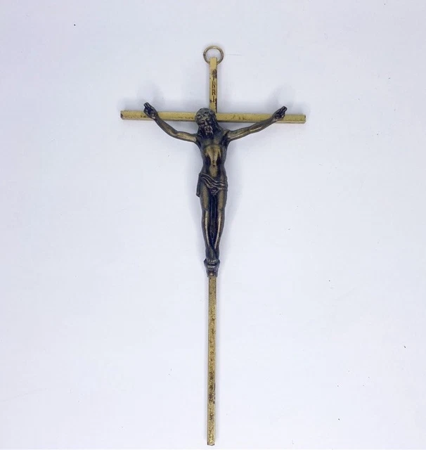 VINTAGE BRASS METAL Crucifix Cross Jesus Christ INRI Religious Wall
