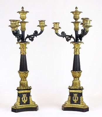 Antique 1830s Pair of French Empire Ormolu Gilt Bronze Four-Light Candelabras