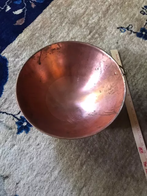 Vintage Solid Copper Mixing Bowl Round Bottom w/ Rolled Edge & Brass Ring 12.5"