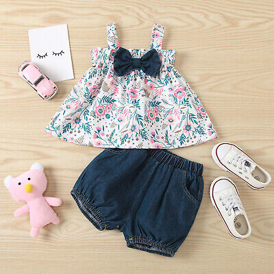 Infant Baby Girls Fashion Floral Print Bowknot Tops Shorts Outfits Set