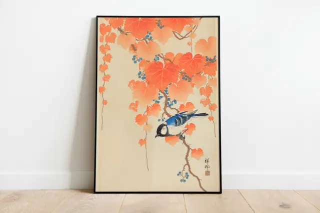 Japanese Bird Orange Print Wall Art Poster | Vintage Woodblock Home Decor Art