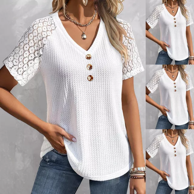 Womens Summer Button V Neck T-Shirt Tunic Tops Ladies Short Sleeve Blouse Shirt