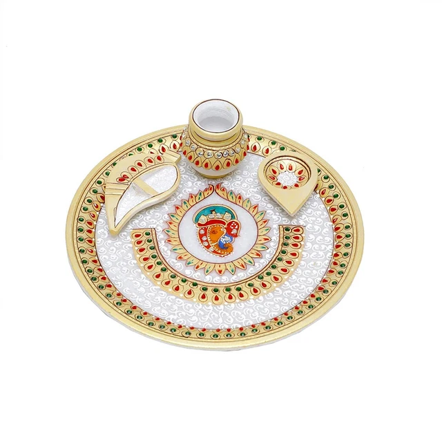 MEENAKARI WORK POOJA Puja Aarti Marble Thali Plate Set Decorative Gift