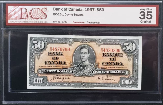 1937 Bank of Canada $50 Coyne-Towers B/H4876799 BCS VF35 Original BC-26c