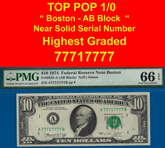 1974 $10 Federal Reserve Note Near Solid 77717777 PMG 66EPQ TOP POP sole finest