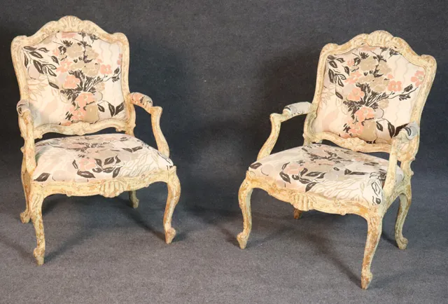 Gorgeous Pair Distressed White Painted French Louis XV Bergere Lounge Chairs