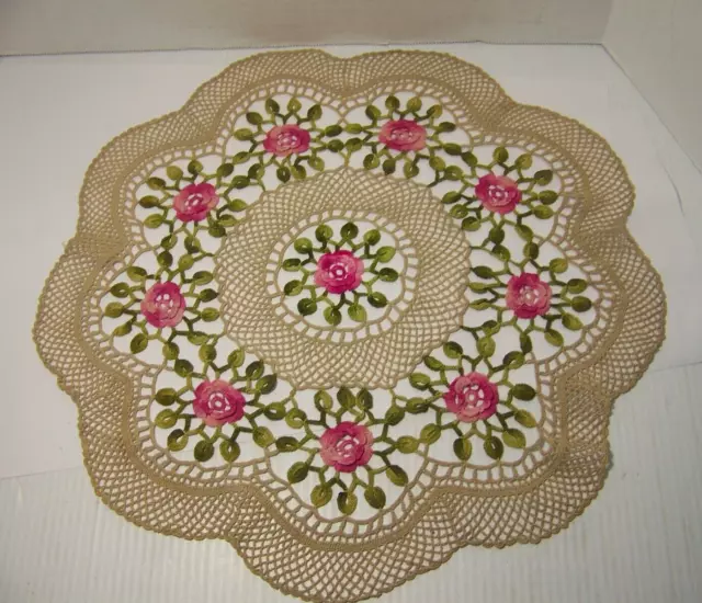 Vintage Ivory Crochet Doily with Pink Crochet Flowers 17"