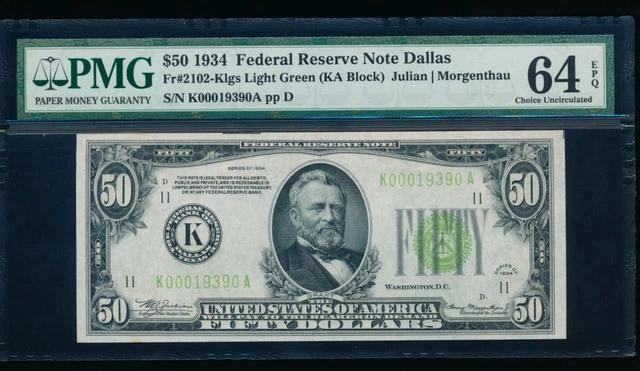 AC 1934 $50 Dallas LGS light green seal FRN PMG 64 EPQ Fr 2102-K