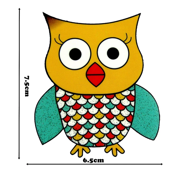 Owls Iron on Hot Fix Smooth Vinyl Motif Glitter Motif 7.5cm x 6.5cm Badge P388