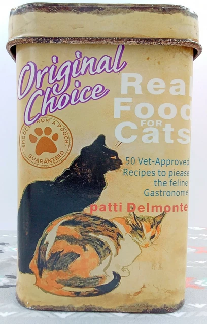 Cat Food Tin Yellow with Advertising Handled Lid Distressed Aged Rustic 7x4x3"