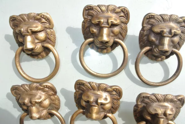 6 LION pulls handles Small heavy  SOLID BRASS old style bolt house antiques B