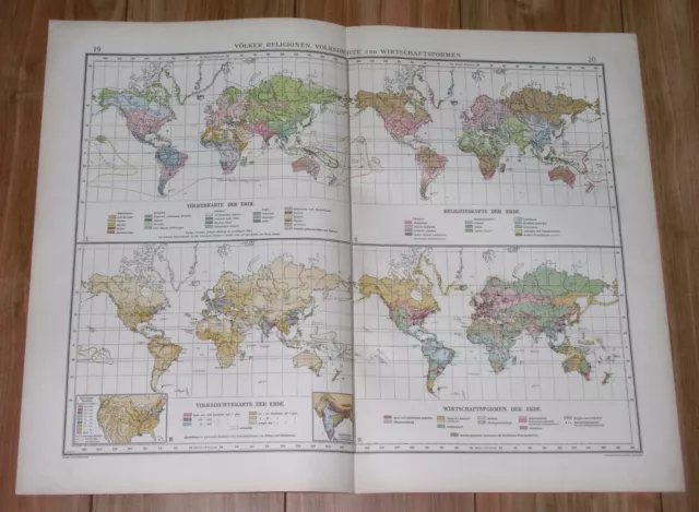 1924 Vintage Map Of World Races Religions Population Density Europe America Asia