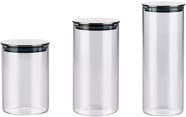 Set of 3 Kitchen Glass Airtight Food Storage Canister Container Jars- with Lid