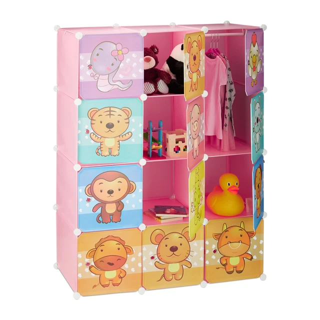 Armario modular para niños, Dibujos de animales, Estantería plástico, Con barras