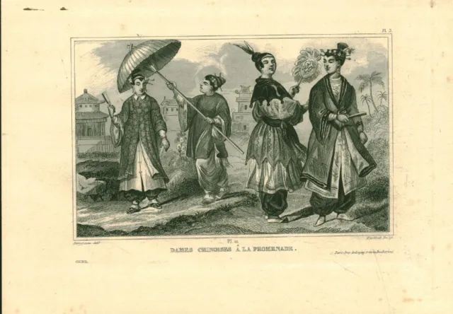 19th Chinese Ladies on the Walk Antique Steel Engraving from Book