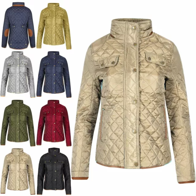 Womens Ladies Diamond Coat Quilted Farmer Elbow Patch Riding Funnel Neck Jacket