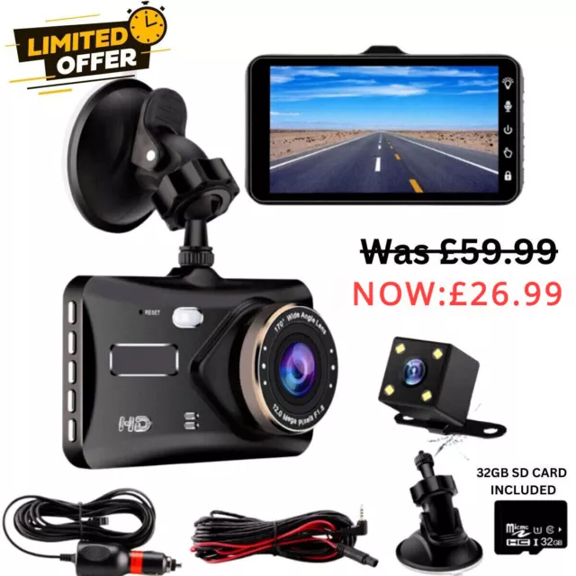 4" Dash Cam Pro Car Camera Recorder Dual Front and Rear HD 1080P Night Vision UK